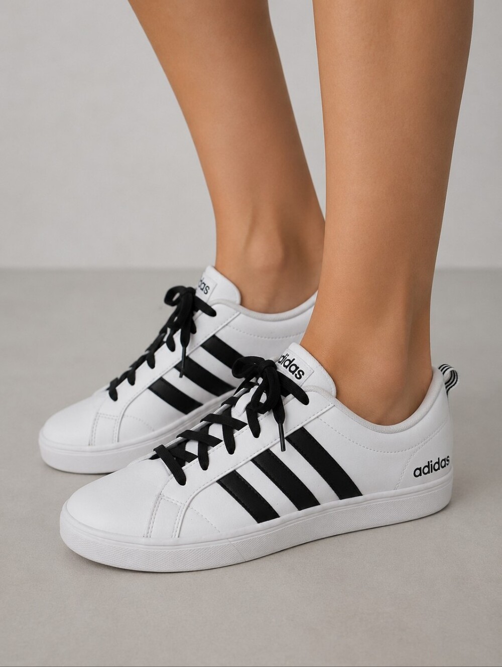 adidas White Sneakers with Black Three Stripes, Size 8 1/2